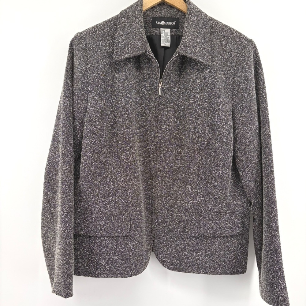 Sag Harbor Womens Black White Salt Pepper Zip Front Jacket Blazer Size 14 - Picture 2 of 8